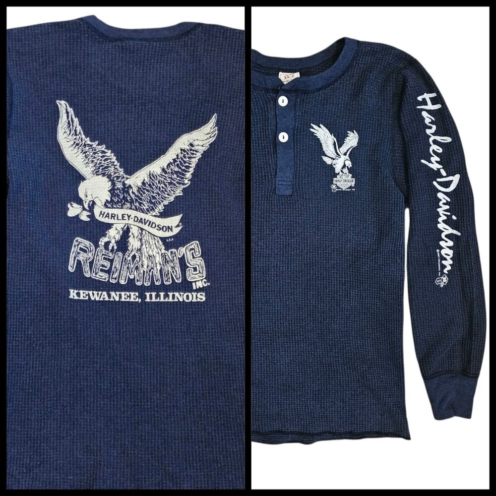 VTG 80s Harley Davidson Thermal Longsleeve Shirt Eagle Reimans‎ Kewanee IL Sz M